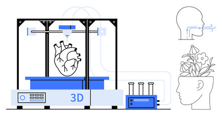 3D printer forming anatomical heart, profiles symbolizing breathing and blooming brain. Ideal for...