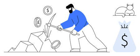 Man using a pickaxe to mine cryptocurrency from rocks surrounded by coin symbols. Includes currency icons and a money bag. Ideal for finance, cryptocurrency, economy, mining, digital wealthのイラスト素材