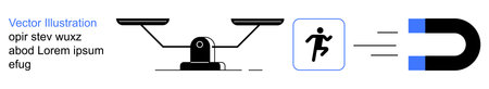 Decision-making, attraction, motivation, opportunity, weighing options, outcome potential. Balanced scale, running figure magnetic pull. Decision-making and attraction visuallyのイラスト素材