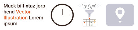 Workflow management, data processing, business systems, navigation, time tracking, productivity tools. Clock, funnel filtering data calendar and GPS icon. Workflow management and data processingのイラスト素材