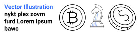 Cryptocurrency, strategic planning, finance, investments, digital economy, blockchain technology. A Bitcoin , chess knight and dollar coin are displayed. Cryptocurrency and strategic planningのイラスト素材
