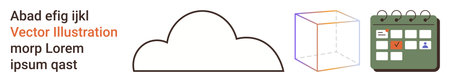 Cloud computing, data storage, scheduling, planning, design templates, icons. Minimalist cloud, cube outline calendar icon with check mark and sample placeholder text. Cloud computingのイラスト素材