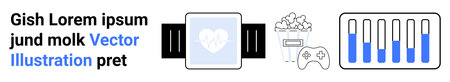 Smartwatch with heartbeat icon, popcorn, gaming controller, battery status. Ideal for technology,...
