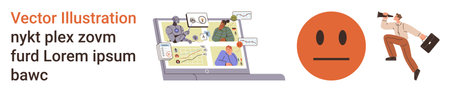 Remote work, teamwork, communication, technology, innovation, virtual collaboration. Laptop shows a...