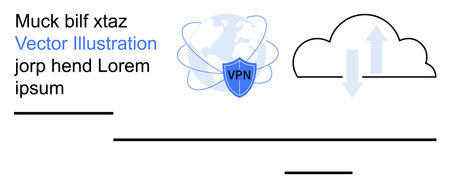 Cybersecurity, cloud storage, secure browsing, data encryption, network protection, remote access. Shield with VPN text, cloud with upload and download arrows. Cybersecurity and cloud storageのイラスト素材