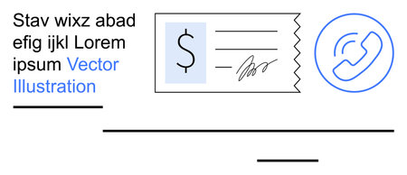 Banking, finance, digital communication, customer support, transactions, fintech. A check with a dollar sign and signature next to a digital phone icon. Banking and finance conceptのイラスト素材