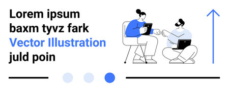Two colleagues discuss work using tablets and laptops, with design elements thumbs up text, arrow, and progress dots. Ideal for teamwork, communication, productivity, networking, technologyのイラスト素材