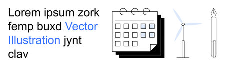 Business management, scheduling, sustainability, productivity, renewable energy, organization. A calendar with overlapping icons of a wind turbine and fountain pen. Business management and schedulingのイラスト素材