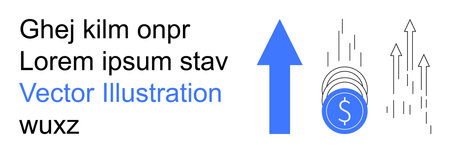 Economic progress, financial growth, wealth management, business strategy, investment opportunities, market analysis. Blue arrow pointing upward with coins and graph-thumbs up arrows. Financialのイラスト素材