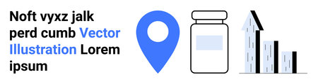 Navigation, healthcare, business growth, data analysis, location-based services, trends monitoring. Blue location pin, medicine bottle bar chart. Navigation and healthcare concept for progressのイラスト素材