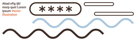 Cybersecurity, data protection, encryption, secure login, online privacy, technology communication. Asterisks for password security with wavy lines. Cybersecurity and data protection conceptのイラスト素材