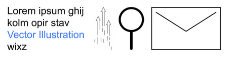 Communication, analysis, growth, data exploration, email services, information flow. Magnifying glass, envelope icon and upward arrows. Communication and analysis visuallyのイラスト素材