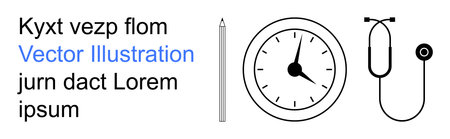 Medical diagnostics, productivity tools, time management, design concepts, professional tools, minimalism. Black clock, pen stethoscope and placeholder text. Time management and medical diagnosticsのイラスト素材