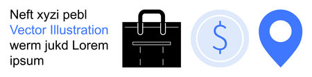 Business, finance, travel, location, commercial services, navigation. Icons of a bag, money symbol and map marker. Business and finance emphasizing global mobility and transactionsのイラスト素材