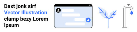 Digital communication, user profiles, eco-awareness, water conservation, minimalism, modern design. A chat interface, a styled branch and a water tap. Digital communication and eco-awarenessのイラスト素材