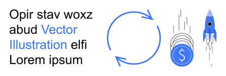 Business growth, financial development, economic strategy, investment, currency management, startup success. Circular arrows and coins with a rocket graphic. Business growth and financial developmentのイラスト素材