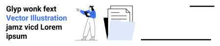 Person pointing at documents and folder, indicating clarity and organization. Ideal for content management, office tools, teamwork, productivity, education, data handling, simple landing pageのイラスト素材