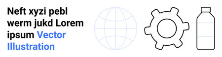 Industry, sustainability, globalization, recycling, manufacturing, eco-friendly solutions. Line art gear, globe and bottle on a white background. Industry and sustainability conceptsのイラスト素材