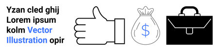 Business success, financial goals, investment, job opportunities, wealth, partnership. Black and white icons thumbs up, money bag briefcase. Business success and financial goals conceptのイラスト素材