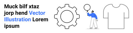 Gear cog, person holding a balloon wearing blue, t-shirt outline next to text elements. Ideal for creativity, design, innovation, mechanics, teamwork, branding simple landing pageのイラスト素材