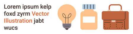 Creativity, education, healthcare, work-life balance, innovation, planning. Features a lightbulb, medicine bottle and briefcase next to placeholder text. Creativity and education conceptのイラスト素材