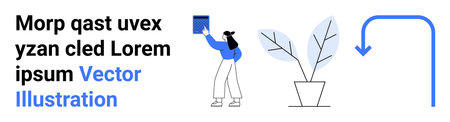 Environmental awareness, sustainability, nature interaction, personal development, education, and guidance. Woman placing a box, potted plant and an arrow. Environmental awarenessのイラスト素材