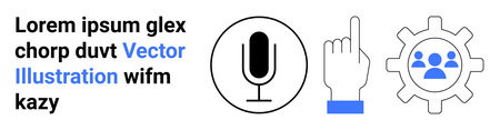 Voice recognition, team collaboration, user interface design, digital tools, technology, interaction. Microphone, hand pointing up gear with people icons. Voice recognition and team collaborationのイラスト素材