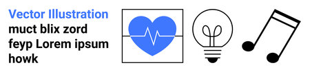 Health, ideas, creativity, innovation, music, design. Blue heart with pulse, light bulb and musical note symbols. Health and ideas concept linked to creativity and innovationのイラスト素材