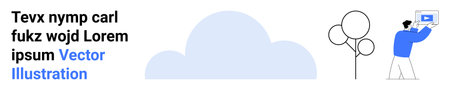 Person viewing a content screen on a tablet, stylized tree, and cloud icon. Ideal for technology,...