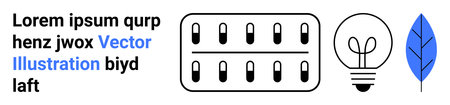 Healthcare, innovation, sustainability, pharmaceutical products, environmental conservation, creativity. A pill pack, light bulb and blue leaf next to placeholder text. Healthcare and innovationのイラスト素材