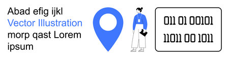 Navigation, data science, workplace, digital communication, programming, information systems. Blue location pin, binary code person holding a folder. Navigation and data science conceptのイラスト素材