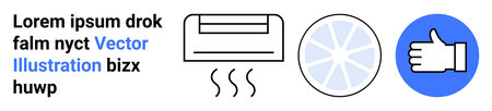 Climate control, cooling systems, air conditioning, positive feedback, HVAC industry, energy efficiency. Air conditioner, cooling emblem and thumbs up symbol in black and blue elements. Climateのイラスト素材