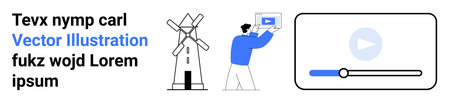 Man displays video content near a windmill structure and a video player interface. Ideal for technology, renewable energy, streaming services, digital content, education, environmental awarenessのイラスト素材