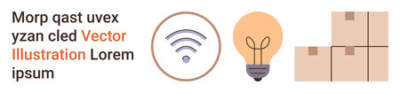 Technology, innovation, logistics, wireless communication, e-commerce, idea generation. wireless icon, lightbulb and cardboard boxes. Technology and logistics visualizationのイラスト素材