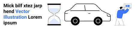 Hourglass showing time, car for transport, and person holding a digital screen. Ideal for productivity, efficiency, mobility, innovation, technology, future and simple landing pageのイラスト素材