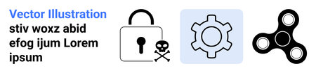 Lock with skull warning, gear wheel icon, and fidget spinner outline represent security, efficiency, play, and creativity. Ideal for cybersecurity, productivity, mechanics and simple landing pageのイラスト素材