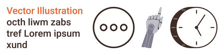 Time management, digital communication, automation, AI technology, robotics, scheduling. Robotic hand pointing at a clock, ellipsis denoting messages. Automation and time management conceptual designのイラスト素材