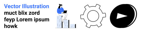Woman sitting atop bar graph holding a laptop, accompanied by a gear symbol and play button. Ideal for data representation, analytics, media content, software, development, customization, techのイラスト素材