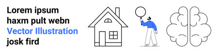 House structure, person holding balloon, brain icon. Ideal for creativity, home, health, technology education research simple landing page. Line metaphor. Simple line iconsのイラスト素材