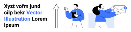 Business marketing, teamwork, growth, networking, communication, data exchange. A man holding documents, a woman with an envelope upward arrow progress. Business marketing and teamwork conceptのイラスト素材