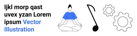 Wellness, technology, music, mindfulness, creativity, harmony. Seated person meditating, a musical note and gear symbols. Wellness and technology through mindfulness and innovationのイラスト素材