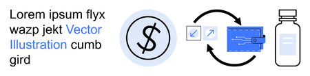E-commerce, fintech, transactions, healthcare payment, digital currency, economic exchange. Dollar sign, arrows showing exchange wallet medicine bottle. E-commerce and fintech in digitalのイラスト素材