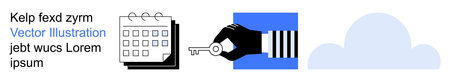 Data security, scheduling, cloud storage, digital access, information management, remote work. Calendar, hand with key cloud symbol in vector format. Data security and scheduling conceptのイラスト素材