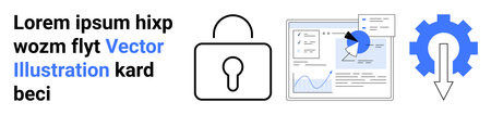 Cybersecurity, data analysis, system optimization, data management, information safety, technical processes. A padlock, analytics graph and gear icon. Cybersecurity and data analysis conceptのイラスト素材