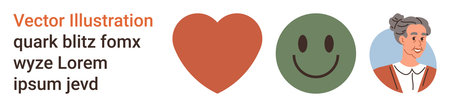 Emotions, relationships, communication, graphic elements, empathy, human connection. Heart icon, green happy face elderly woman portrait and text. Emotions and relationships conceptのイラスト素材