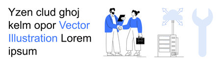 Business collaboration, IT services, cloud storage, digital teamwork, data management, and technology solutions. Two people shaking hands, cloud computing icons server and a wrench. Businessのイラスト素材
