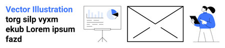 Email marketing, digital communication, analytics, business strategy, remote work, data sharing. An envelope, chart presentation and a person with a tablet. Email marketing and digital communicationのイラスト素材