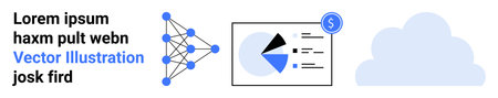 Neural network diagram, financial report with pie chart and dollar symbol, and cloud outline. Ideal for AI, finance, technology, data analysis, machine learning, cloud computing simple landing pageのイラスト素材