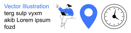 Navigation, time management, digital learning, online meetings, GPS tracking, scheduling. Female figure with a laptop, location pin and clock icon. Navigation and time managementのイラスト素材