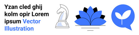 Strategic planning, growth solutions, business communication, mindfulness, nature, and creativity. Chess knight, a  flower and a speech bubble with a sprouting leaf. Strategy and growth ideasのイラスト素材